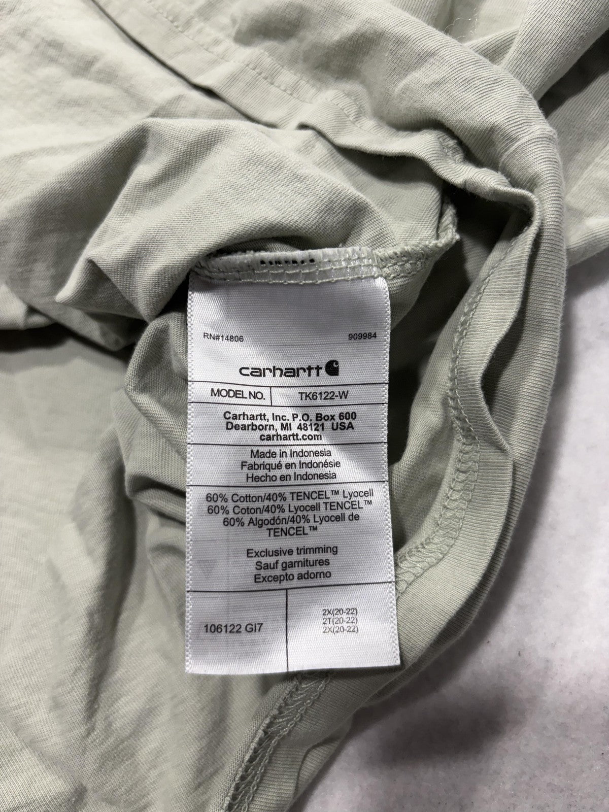Carhartt Shirt Womens 2X Plus Green Crew Neck Short Sleeve Pocket Tee TK6122-W