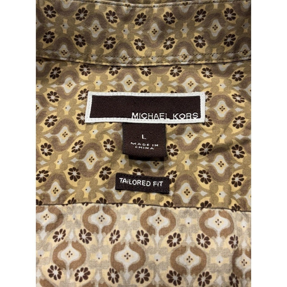 Michael Kors Dress Shirt Mens Large Brown Floral Long Sleeve Tailored Fit Cotton