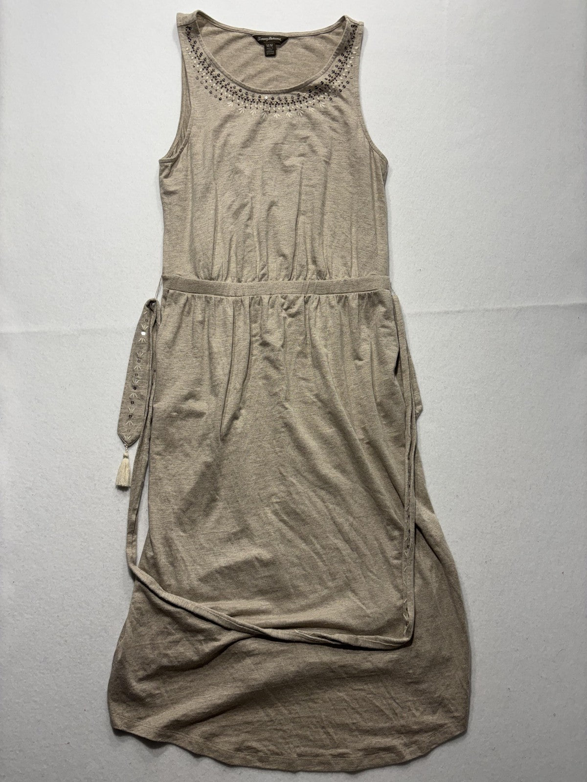 Tommy Bahama Dress Womens Medium Beige Beaded Scoop Neck Belted Hi Low Sundress