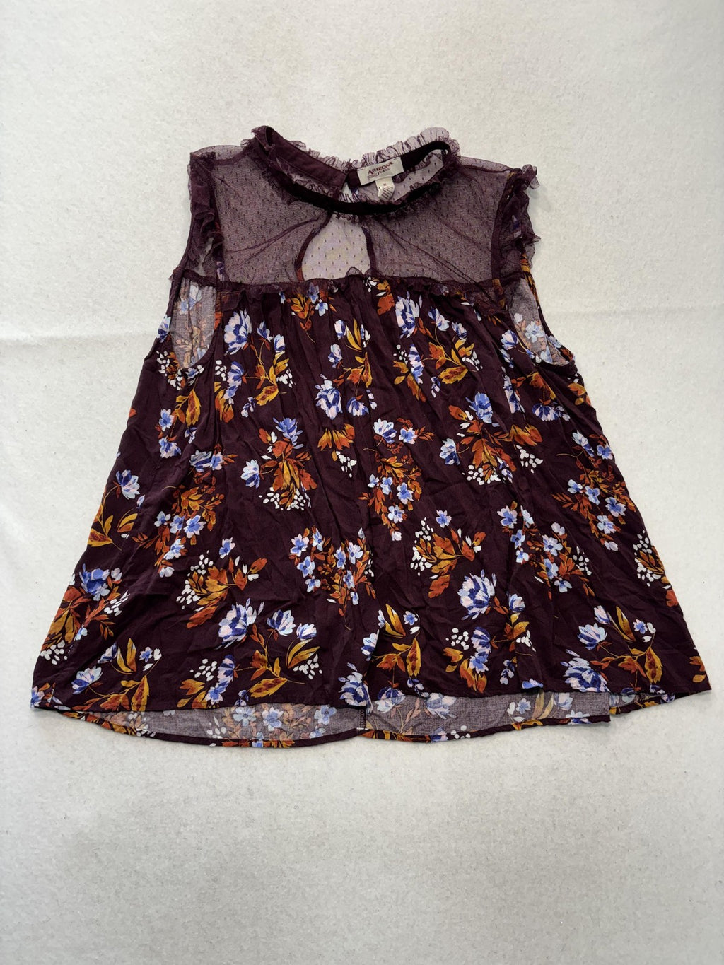 Arizona Jean Co. Blouse Juniors XL Purple Floral Mesh Mock Neck Ruffle Sheer