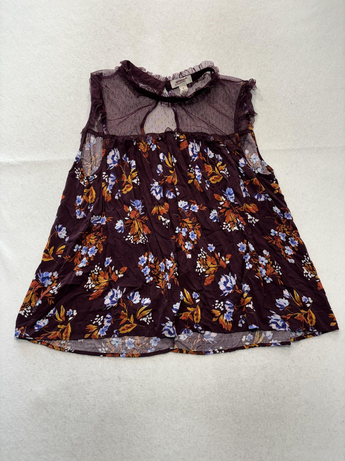 Arizona Jean Co. Blouse Juniors XL Purple Floral Mesh Mock Neck Ruffle Sheer