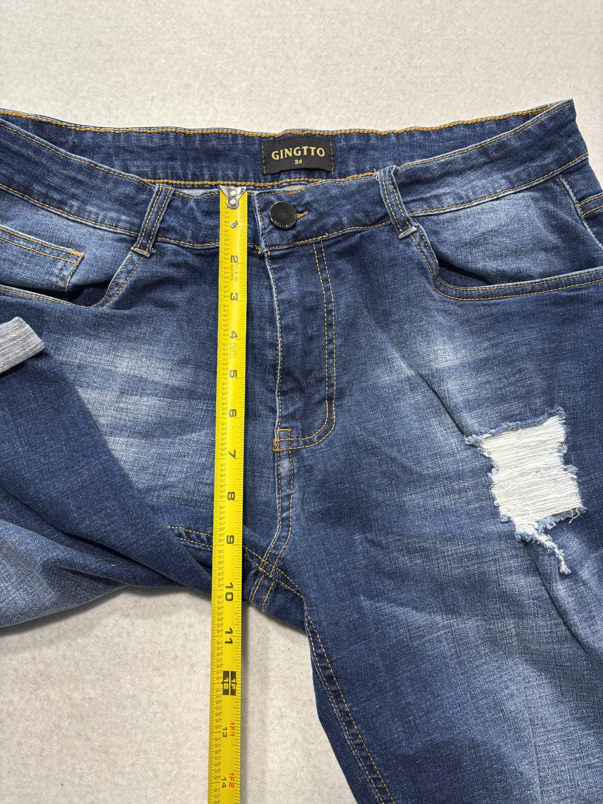 GINGTTO Bermuda Shorts Mens 34 Blue Denim 11" Inseam Distressed Slim 5-Pocket