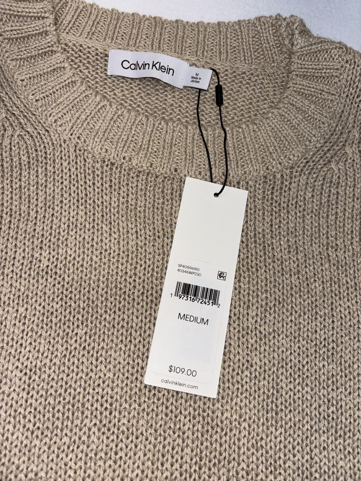 Calvin Klein Sweater Womens M Beige Short Sleeve Crew Neck Hemp Knit Pullover
