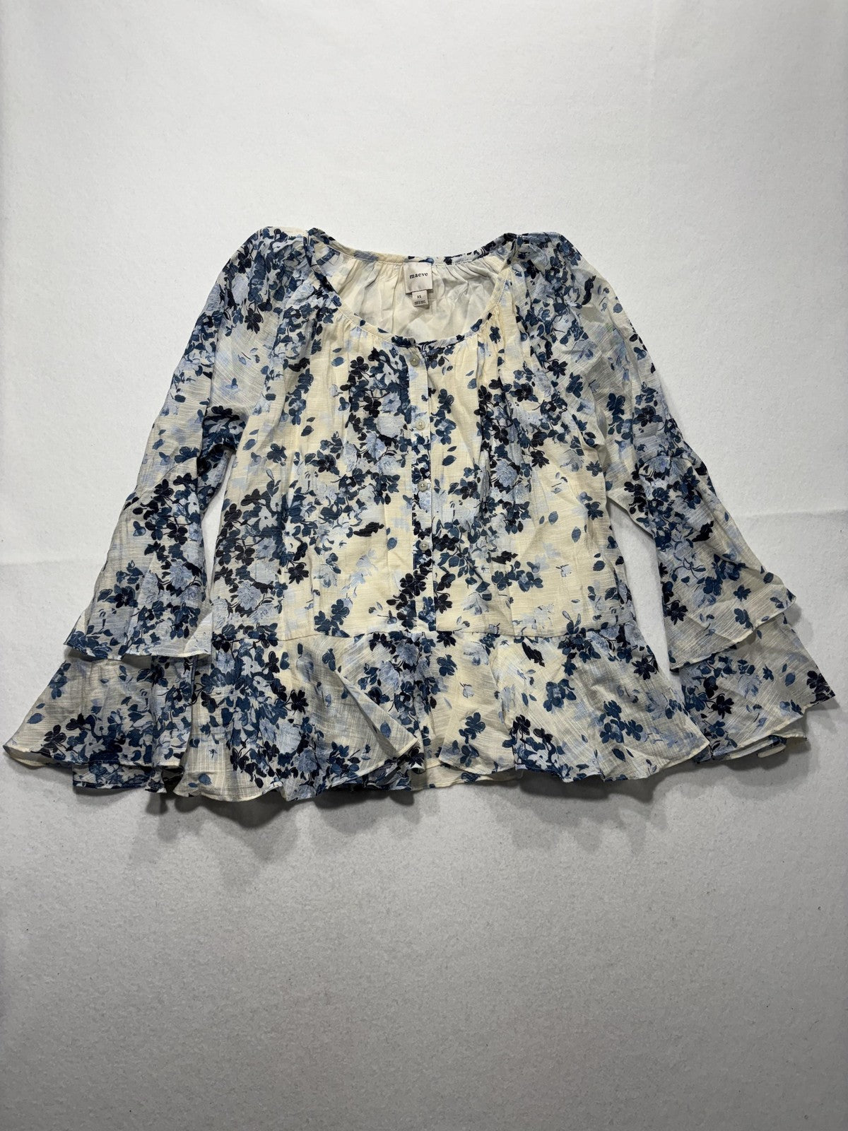 Maeve Blouse Womens XS Blue Floral Ruffle Bell Sleeve Peasant Boho Top