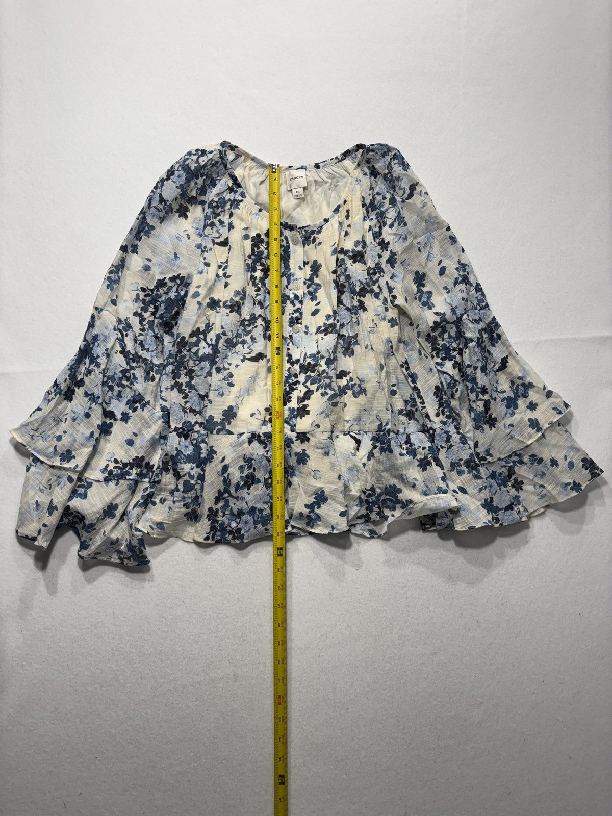 Maeve Blouse Womens XS Blue Floral Ruffle Bell Sleeve Peasant Boho Top