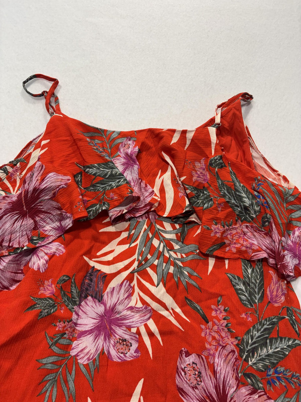 Miss Me Blouse Womens XS Red Floral Tropical Cold Shoulder Ruffle Strap Top