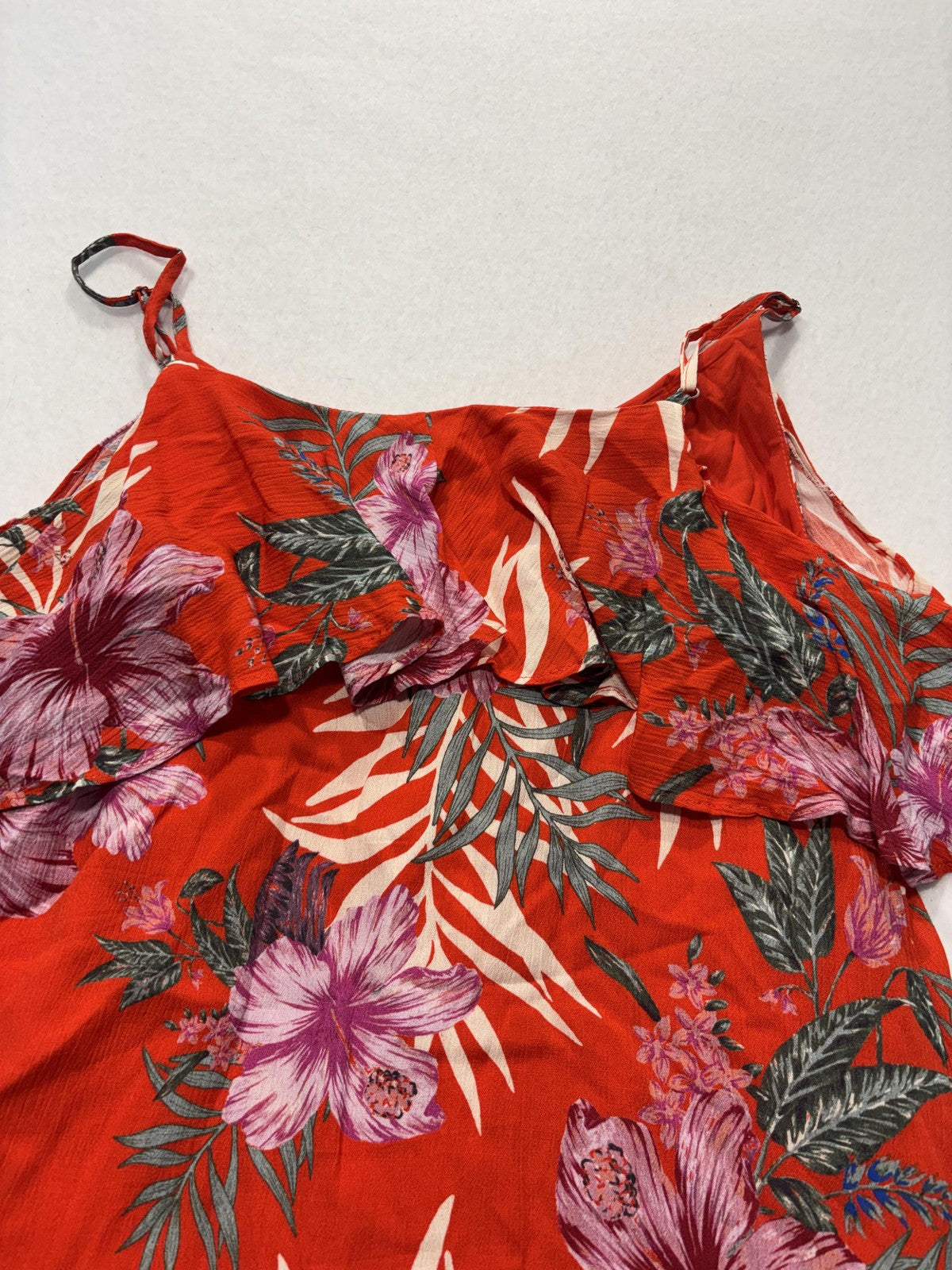 Miss Me Blouse Womens XS Red Floral Tropical Cold Shoulder Ruffle Strap Top