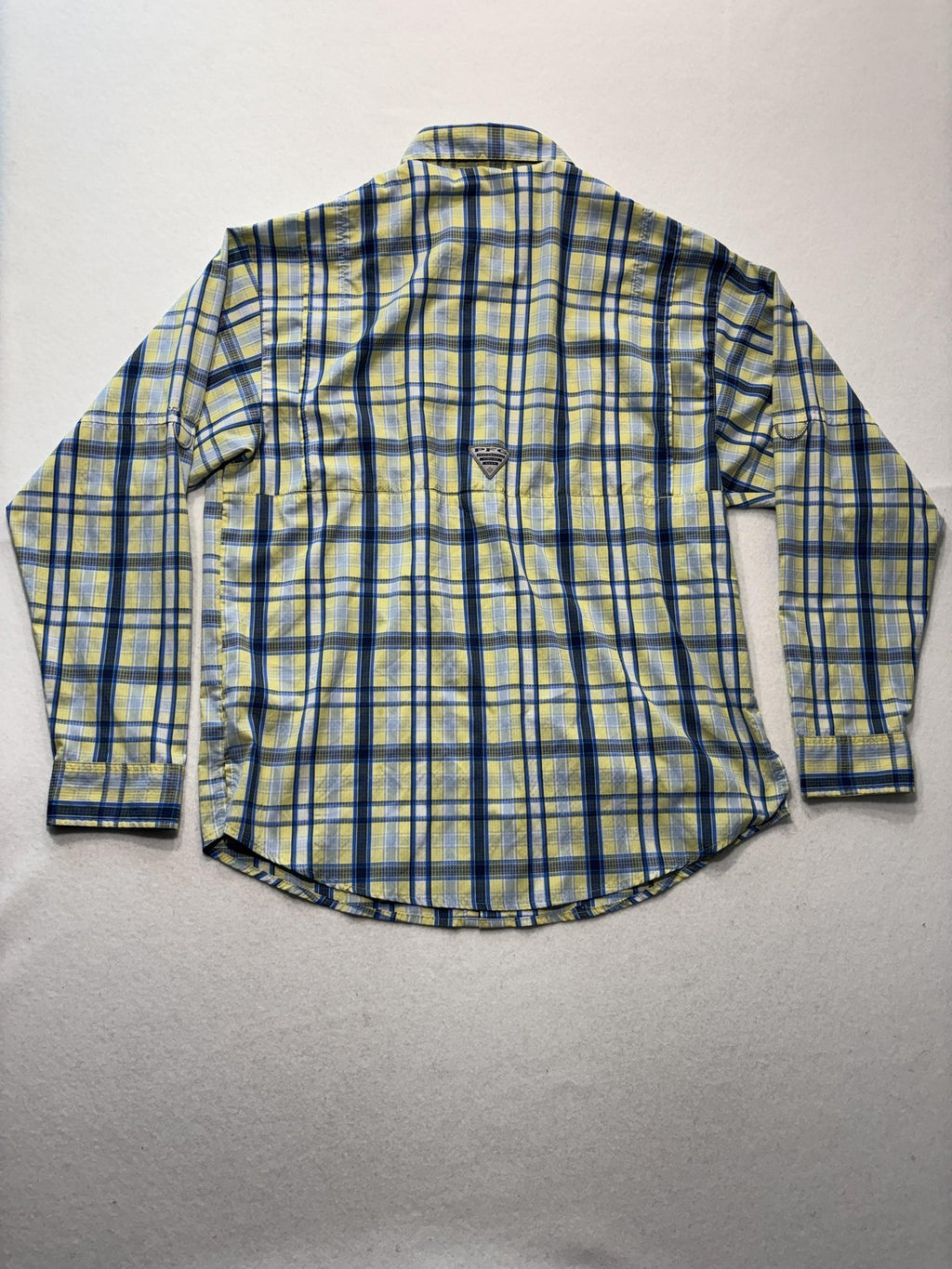 Columbia PFG Shirt Mens Medium Yellow Blue Plaid Long Sleeve Fishing Button Up