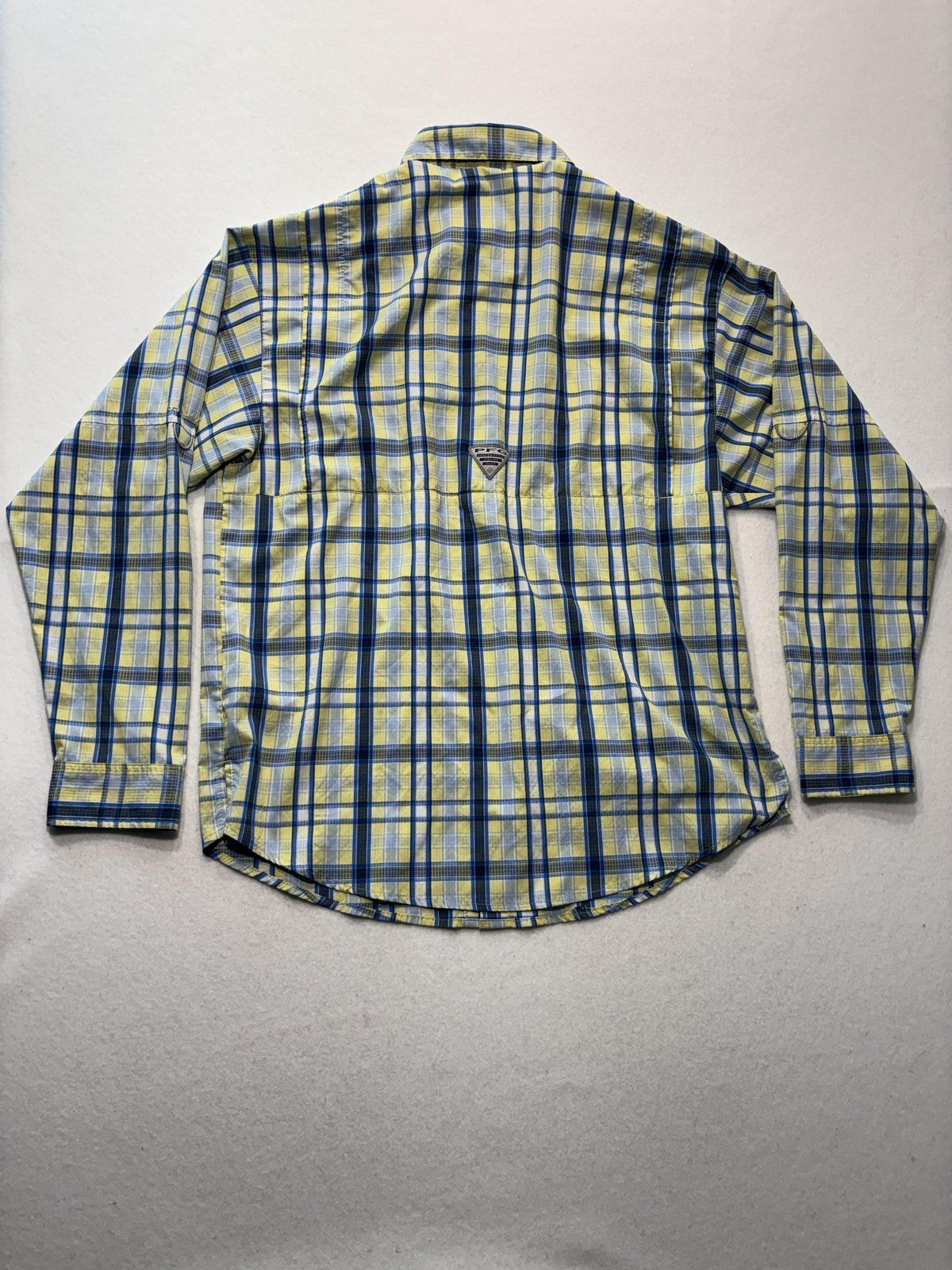 Columbia PFG Shirt Mens Medium Yellow Blue Plaid Long Sleeve Fishing Button Up