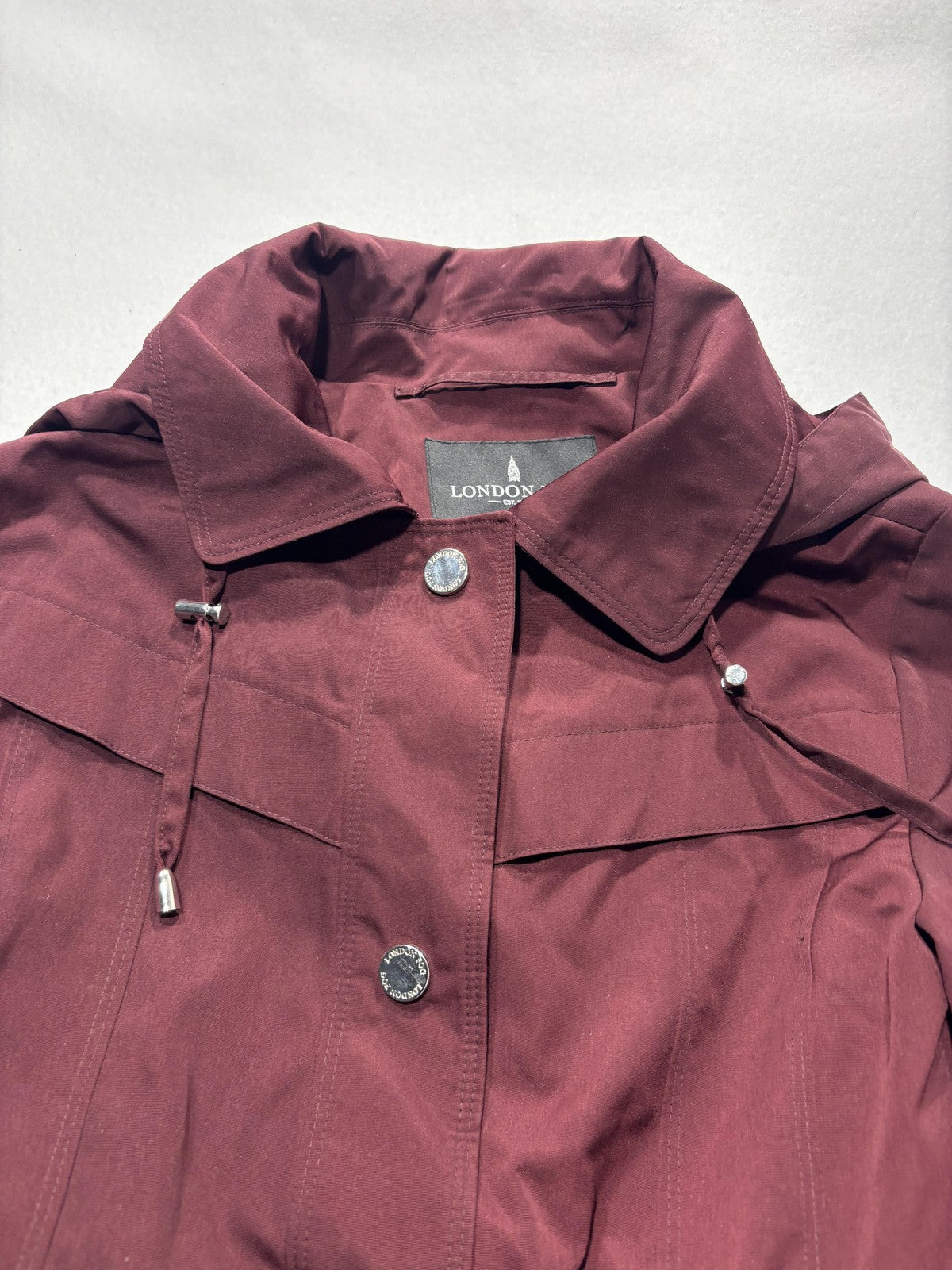 London Fog Trench Coat Womens S Red Belted Hooded Snap Front Mid Length
