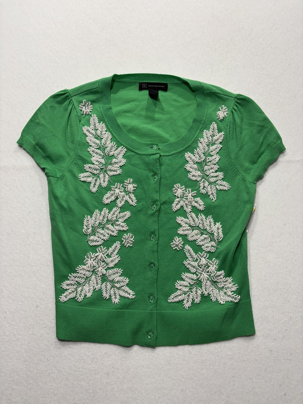 INC International Concepts Cardigan Womens Medium Green Beaded Short Sleeve