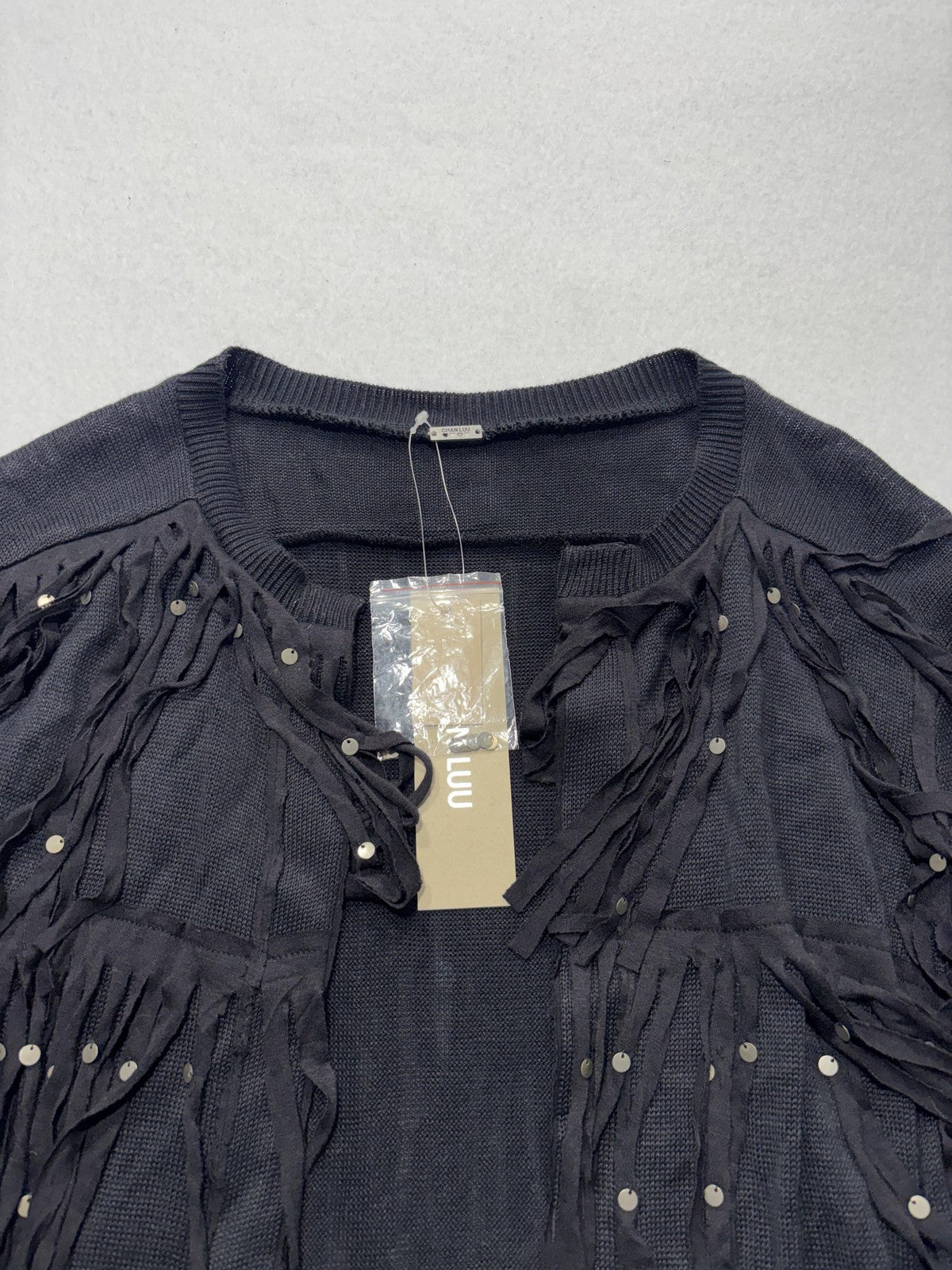 Chan Luu Cardigan Womens XS Black Fringe Sequin Knit Open Front Boho Long Sleeve