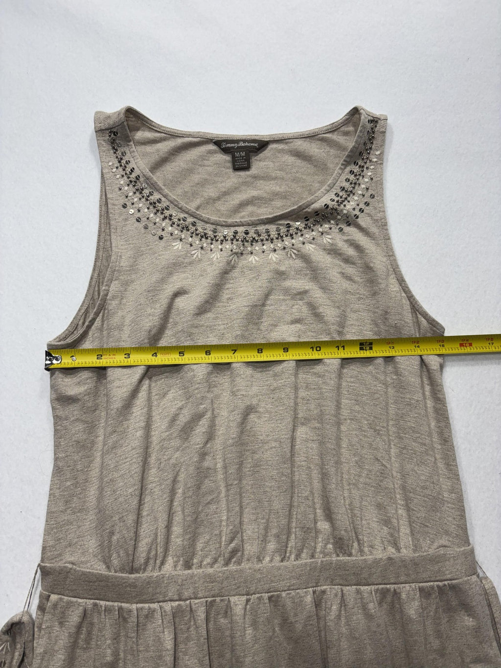 Tommy Bahama Dress Womens Medium Beige Beaded Scoop Neck Belted Hi Low Sundress