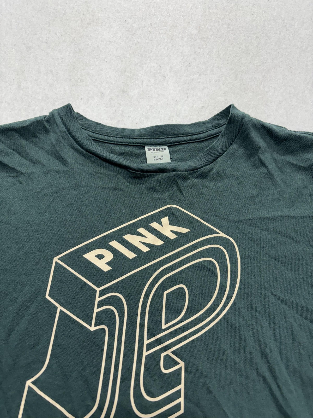 PINK Victoria's Secret Shirt Womens S Green Crew Neck 3D Logo Graphic Tee Casual