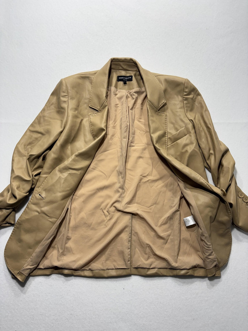 Generation Love Blazer Womens S Beige Faux Leather Ruched Sleeve Lined Jacket