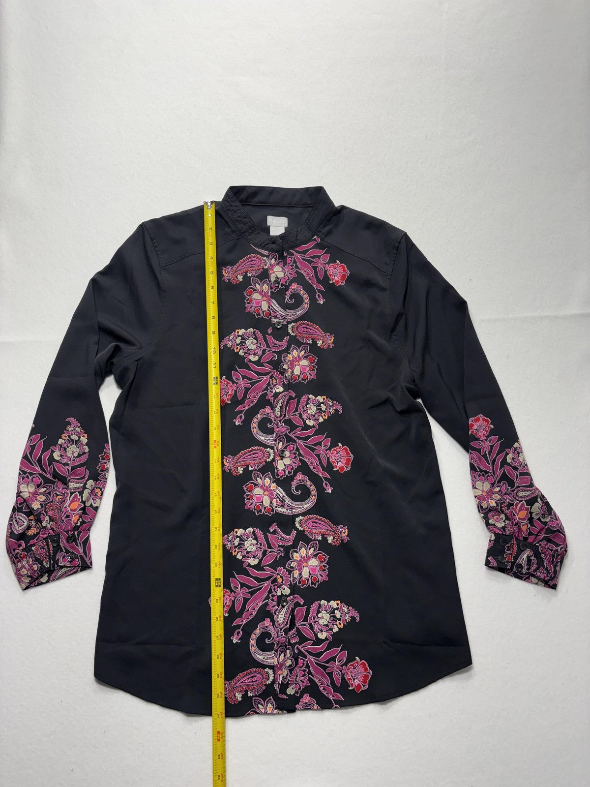 Chico's Shirt Womens 2 Black Paisley Floral Tunic Blouse Long Sleeve Casual
