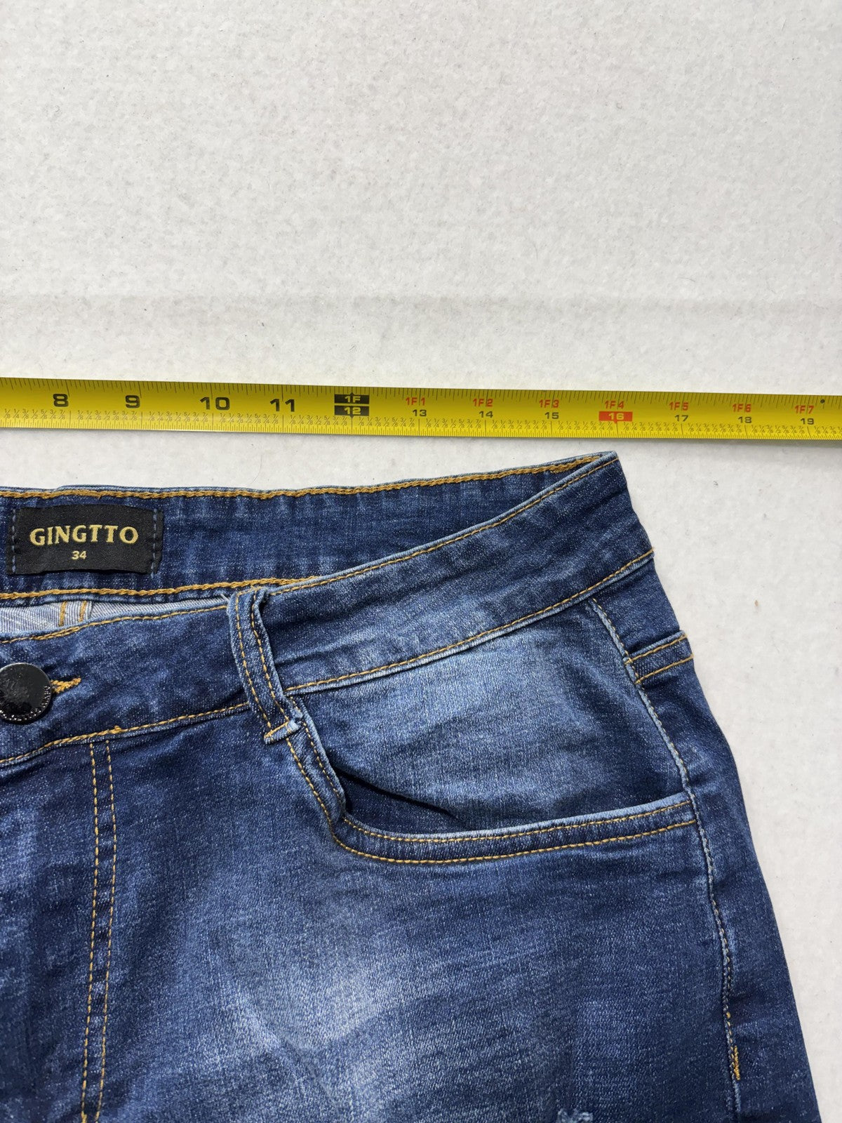GINGTTO Bermuda Shorts Mens 34 Blue Denim 11" Inseam Distressed Slim 5-Pocket