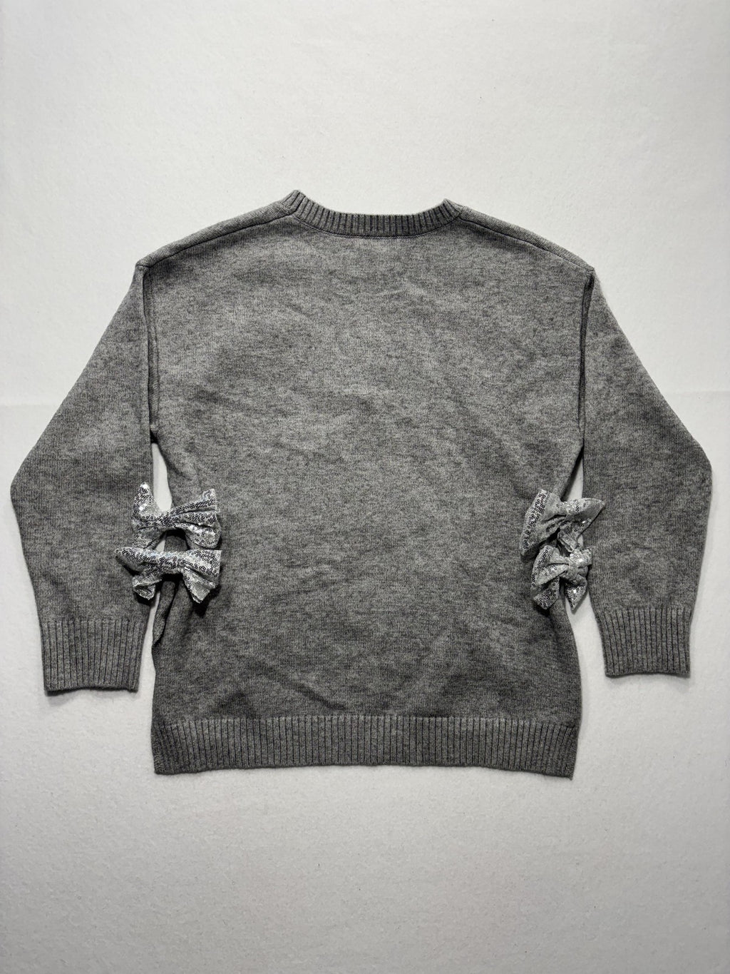 Able Sweater Womens Small Gray Crew Neck Sequin Bow Side Slit Knit Pullover