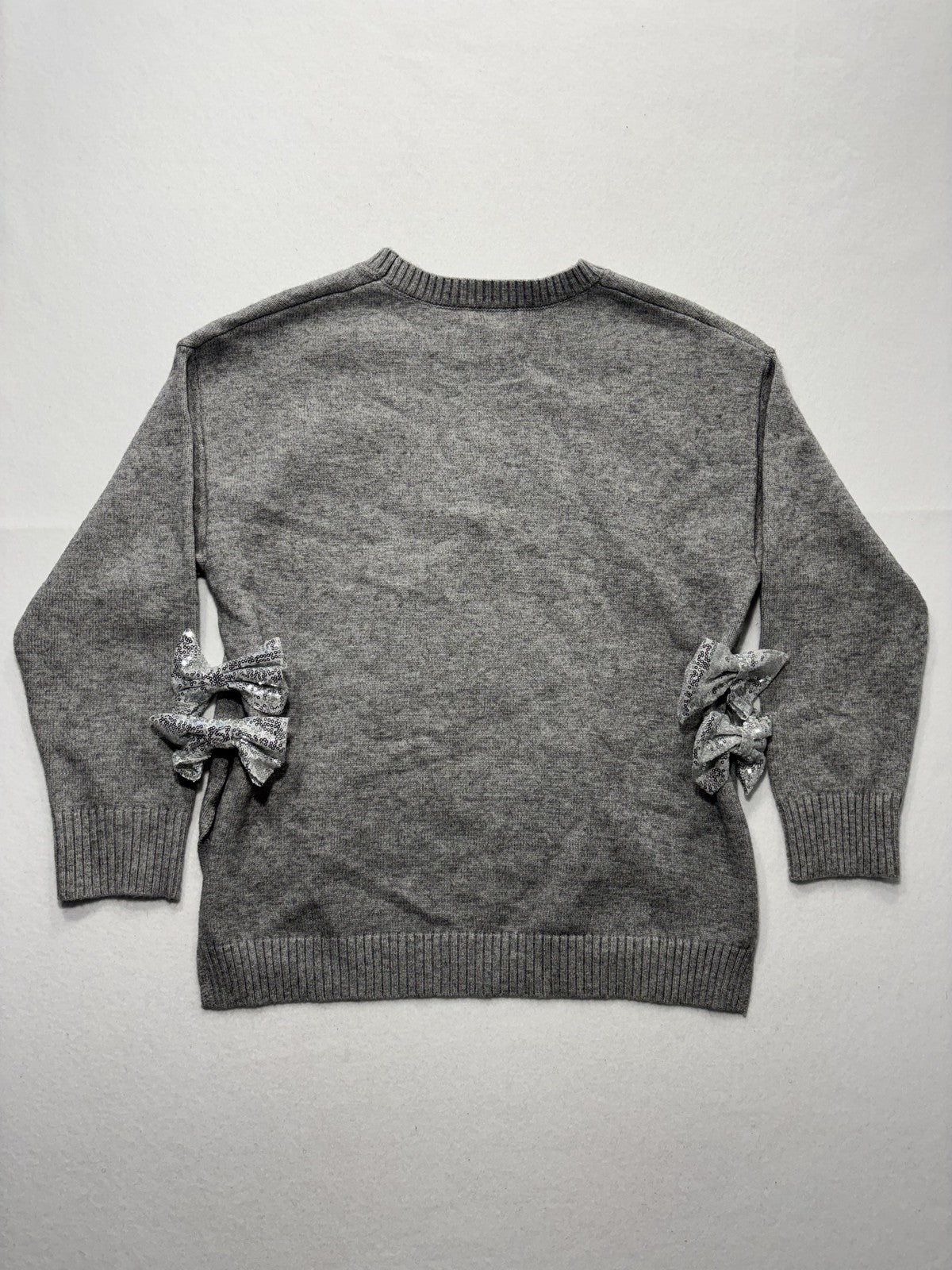 Able Sweater Womens Small Gray Crew Neck Sequin Bow Side Slit Knit Pullover