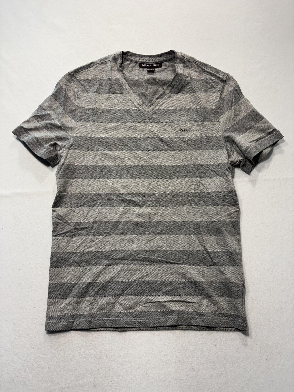 Michael Kors Shirt Mens Medium Gray Striped V Neck Cotton Short Sleeve Logo Tee