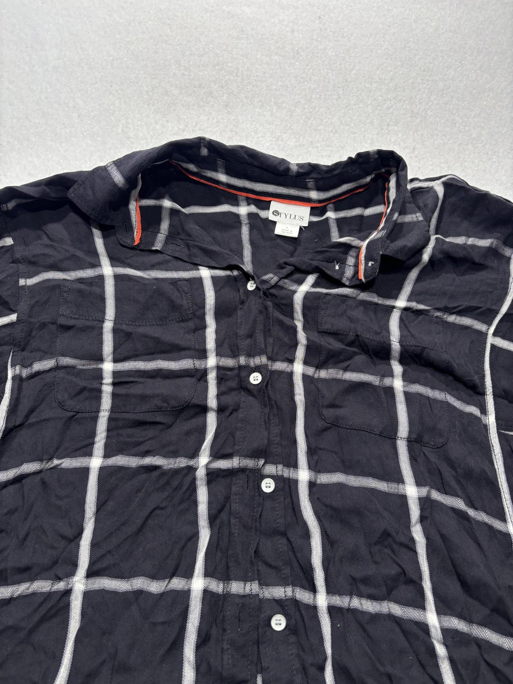 Stylus Button Up Shirt Womens L Black Plaid Long Sleeve Tunic Top Casual Fall