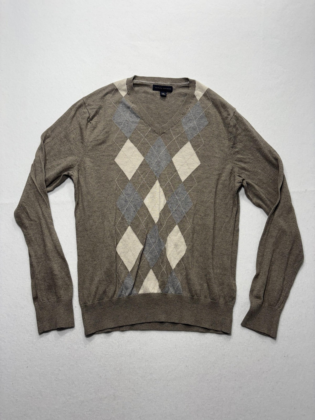 Banana Republic Sweater Mens Medium Brown Argyle V Neck Silk Blend Knit Pullover