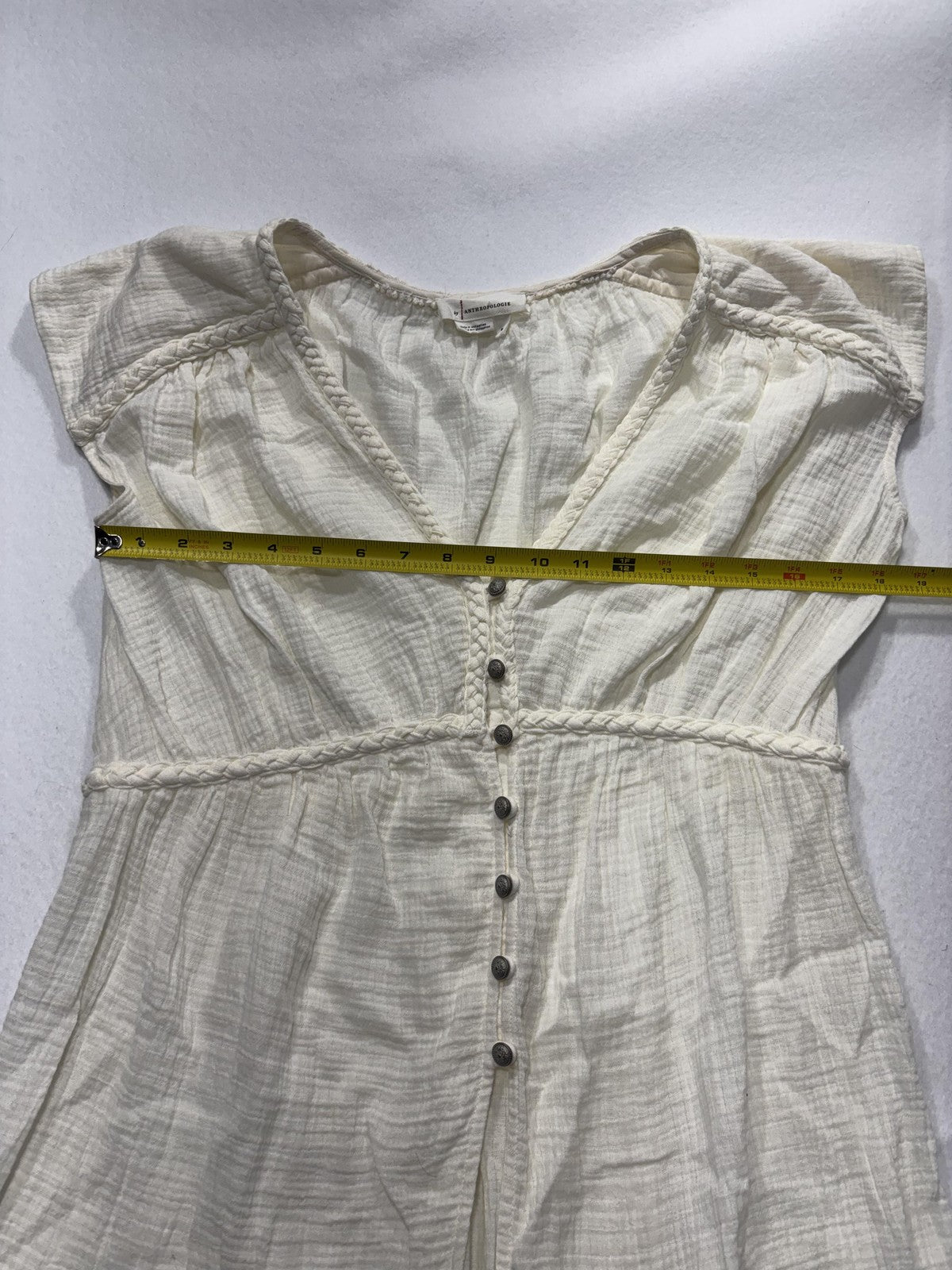 Anthropologie Dress Womens Medium White V Neck Button Front Braided Hi Low Boho