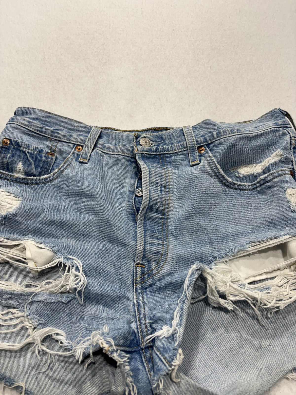 Levi's 501 Shorts Womens 8 Blue Denim High Rise Distressed Cut Off A00432