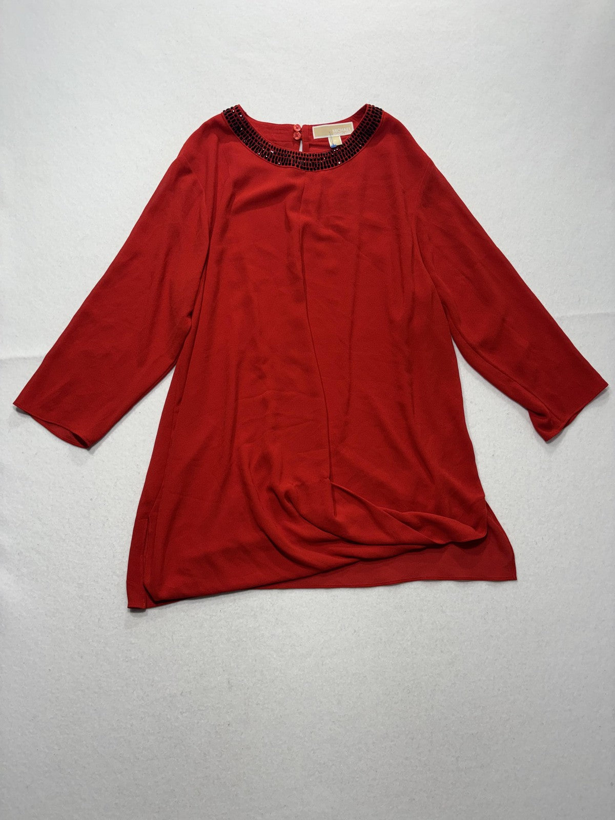 MICHAEL Michael Kors Blouse Womens Medium Red Sequin Neck 3/4 Sleeve Tunic Top