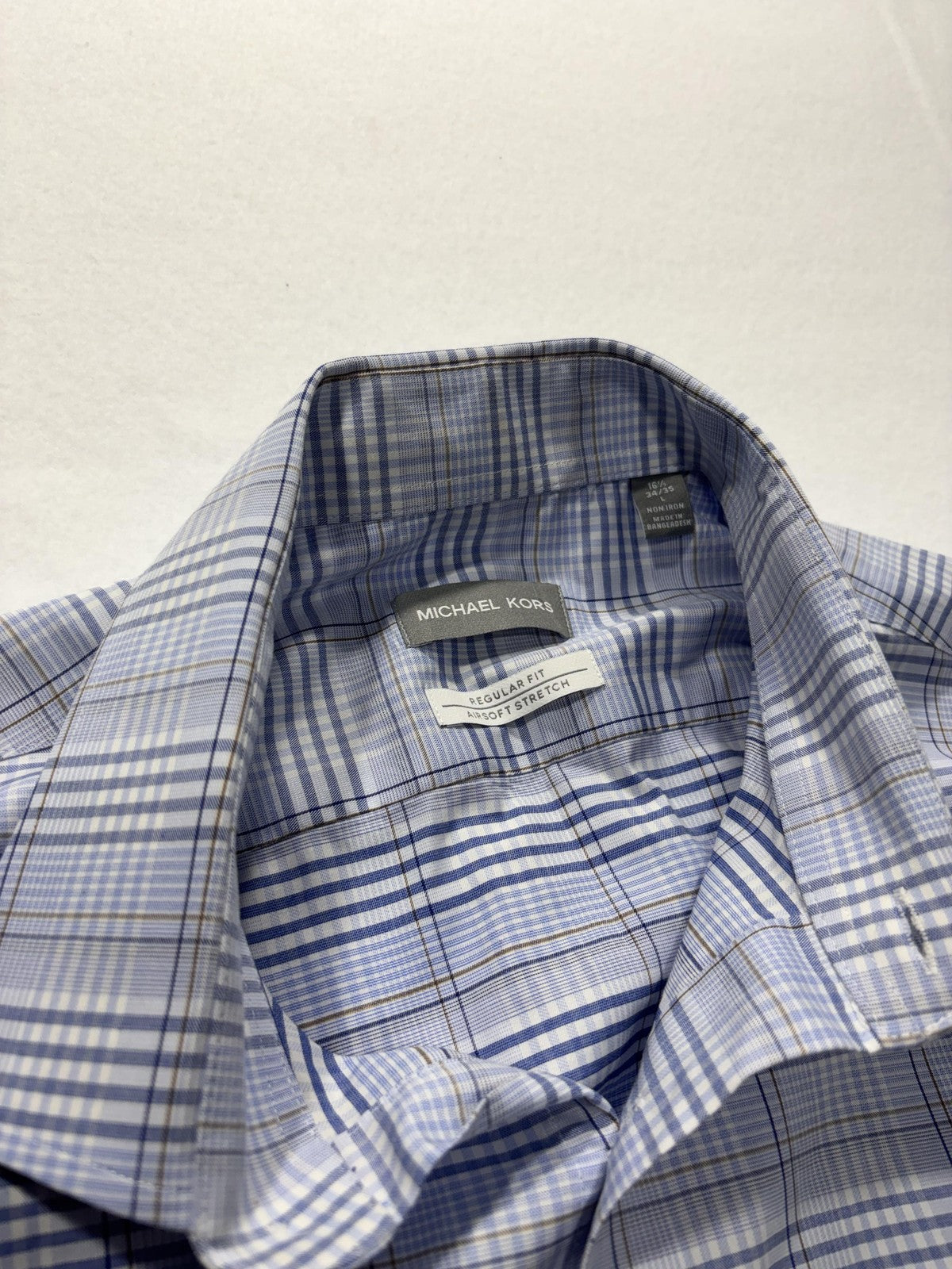 Michael Kors Dress Shirt Mens Large Blue Plaid Long Sleeve Non Iron Stretch