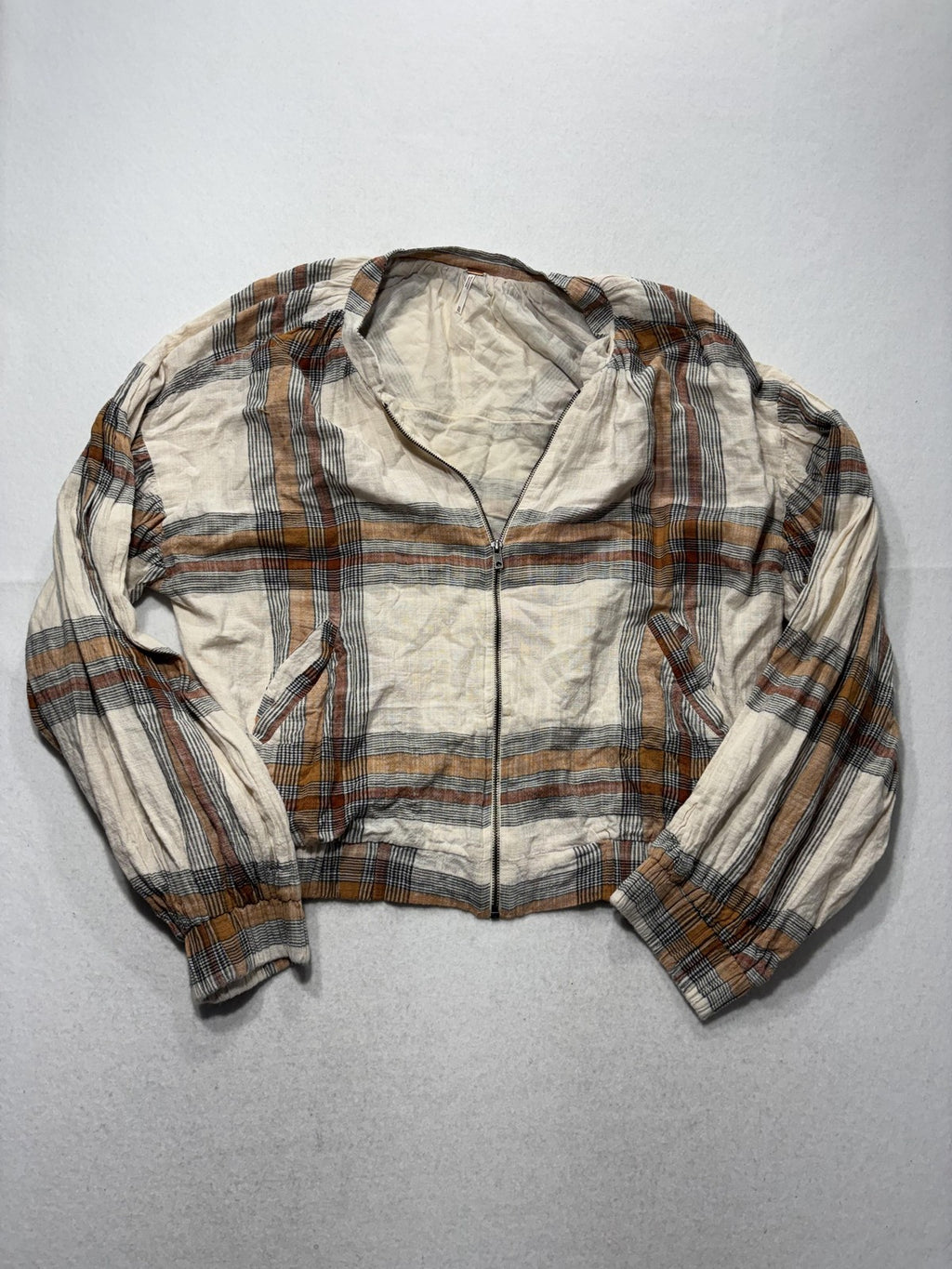 Free People Jacket Womens XL White Plaid Bomber Full Zip Elastic Hem Lightweight