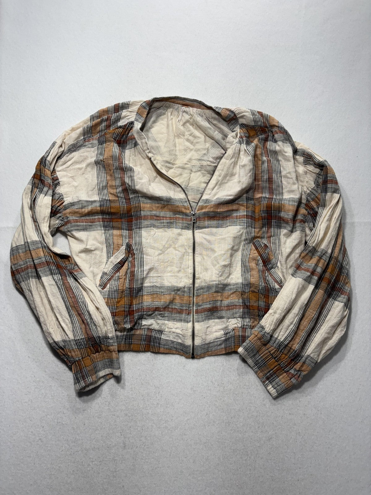 Free People Jacket Womens XL White Plaid Bomber Full Zip Elastic Hem Lightweight