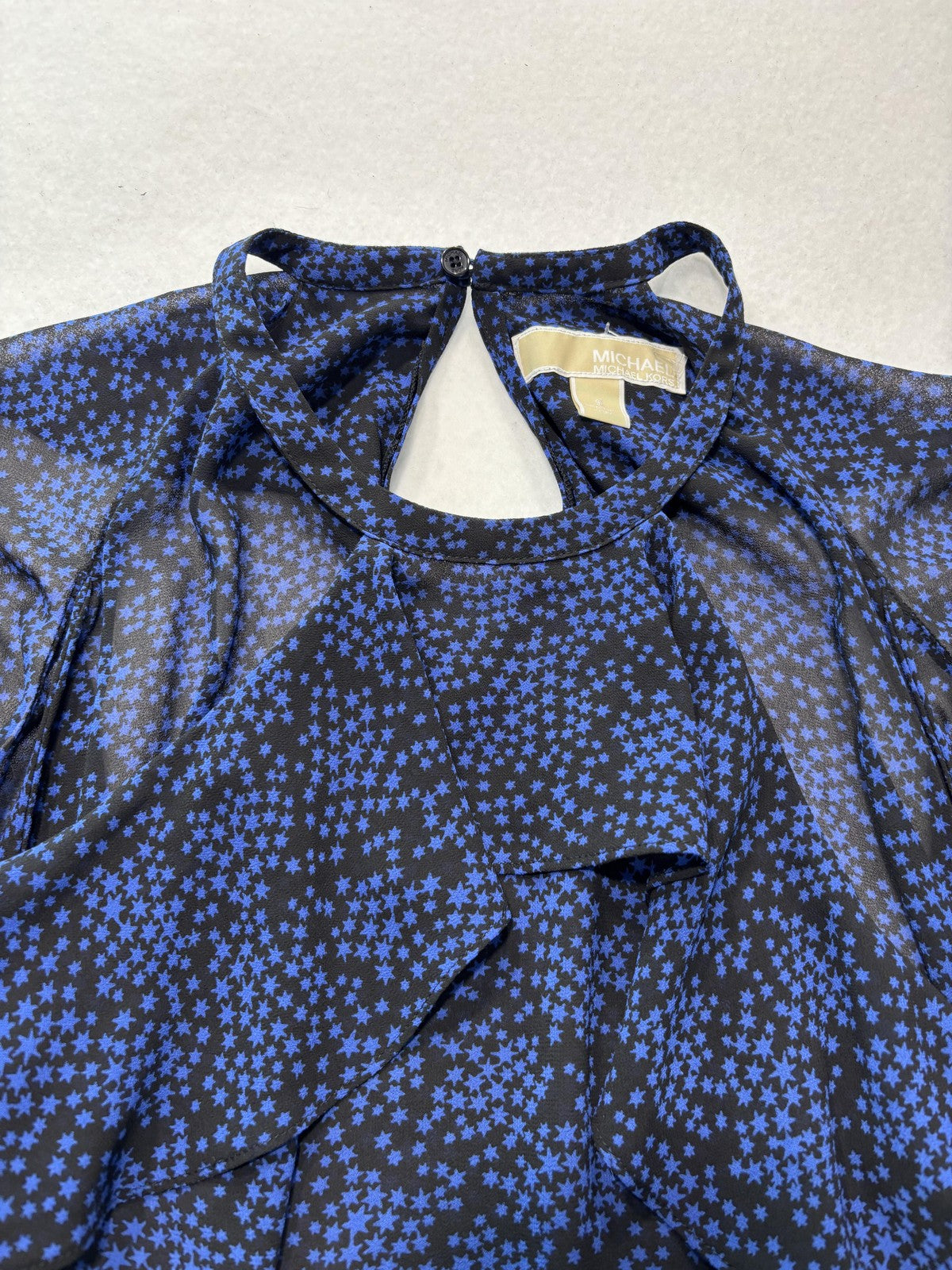 MICHAEL Michael Kors Blouse Womens Small Blue Star Print High Neck Ruffle Sheer