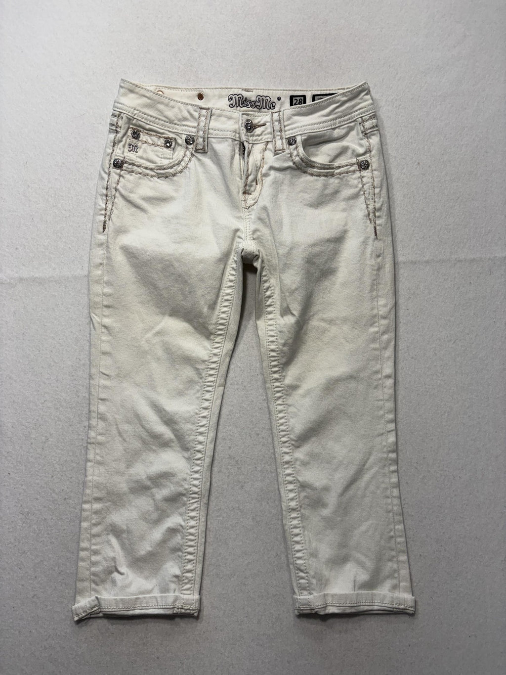 Miss Me Jeans Womens 28 White Mid Rise Signature Capri Embellished Stretch