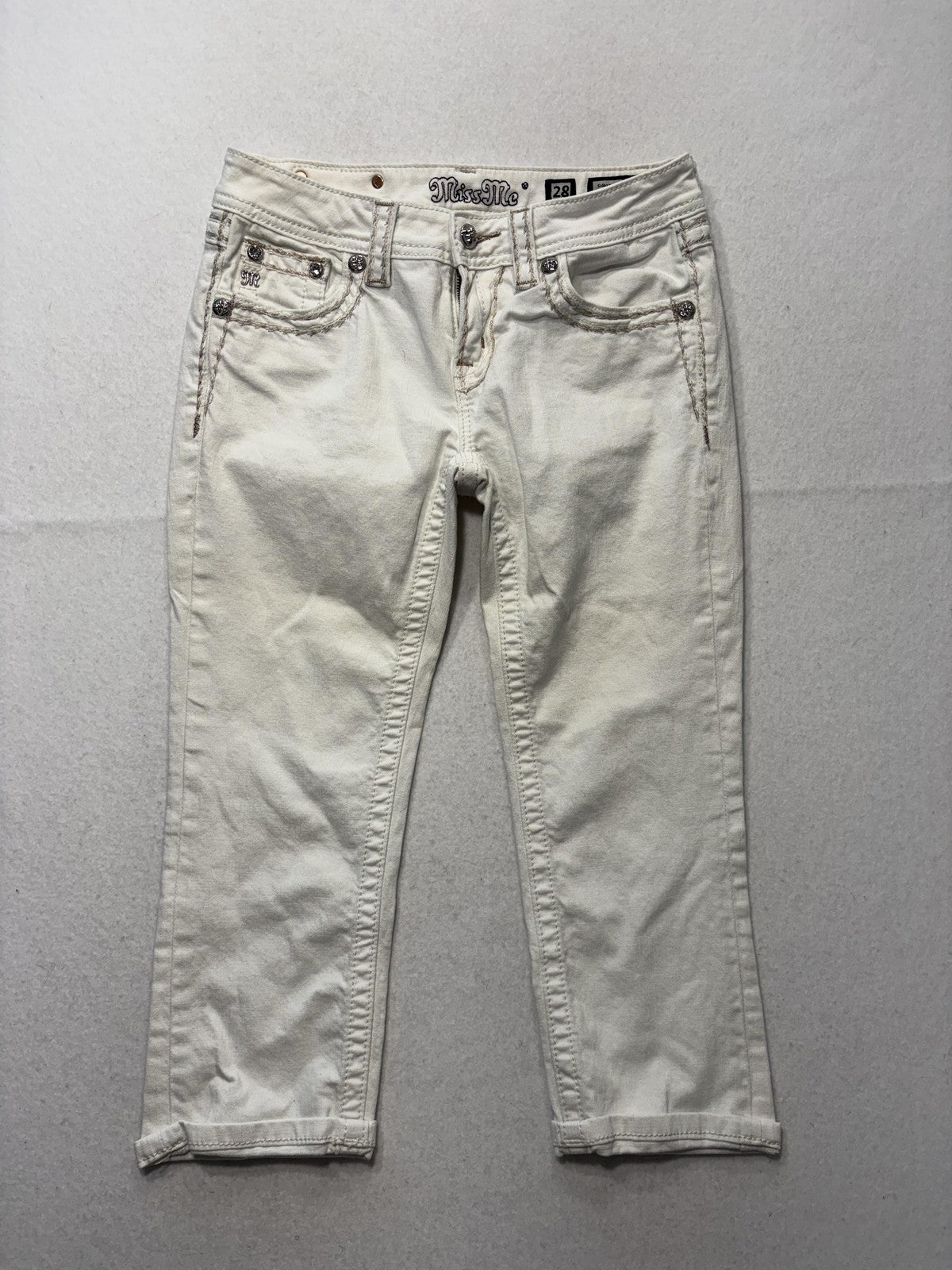 Miss Me Jeans Womens 28 White Mid Rise Signature Capri Embellished Stretch