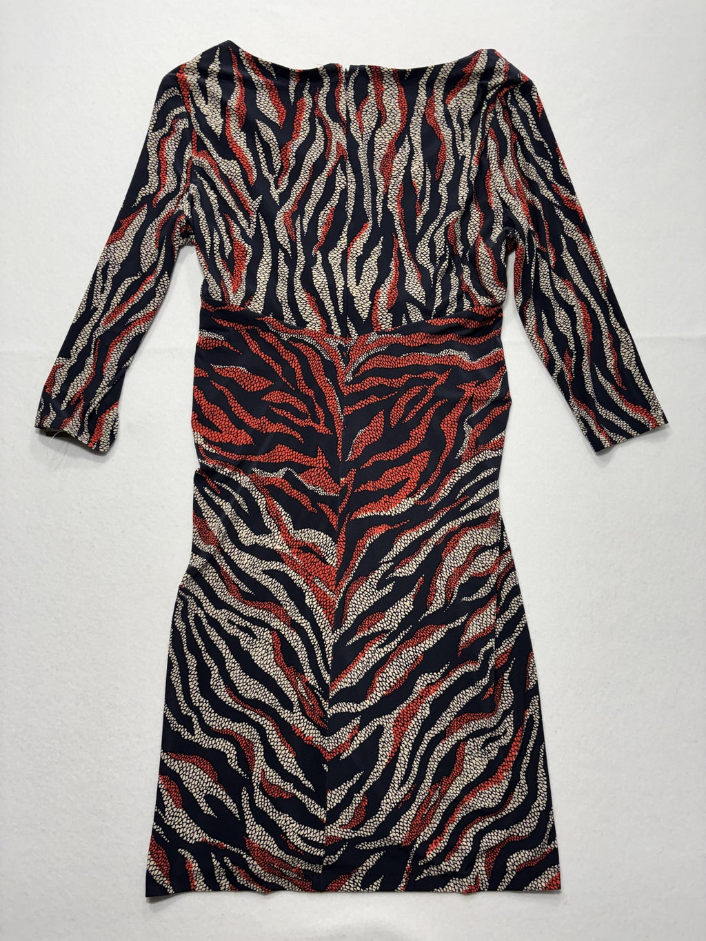 Anne Klein Dress Womens 14 Multi Animal Ruched Sheath 3/4 Sleeve Knee Length