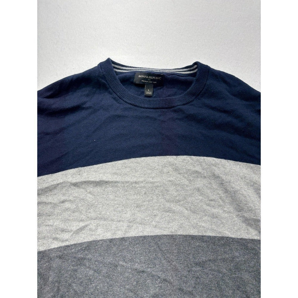 Banana Republic Mens Large Blue Gray Striped Crew Neck Luxe Yarn Knit Sweater