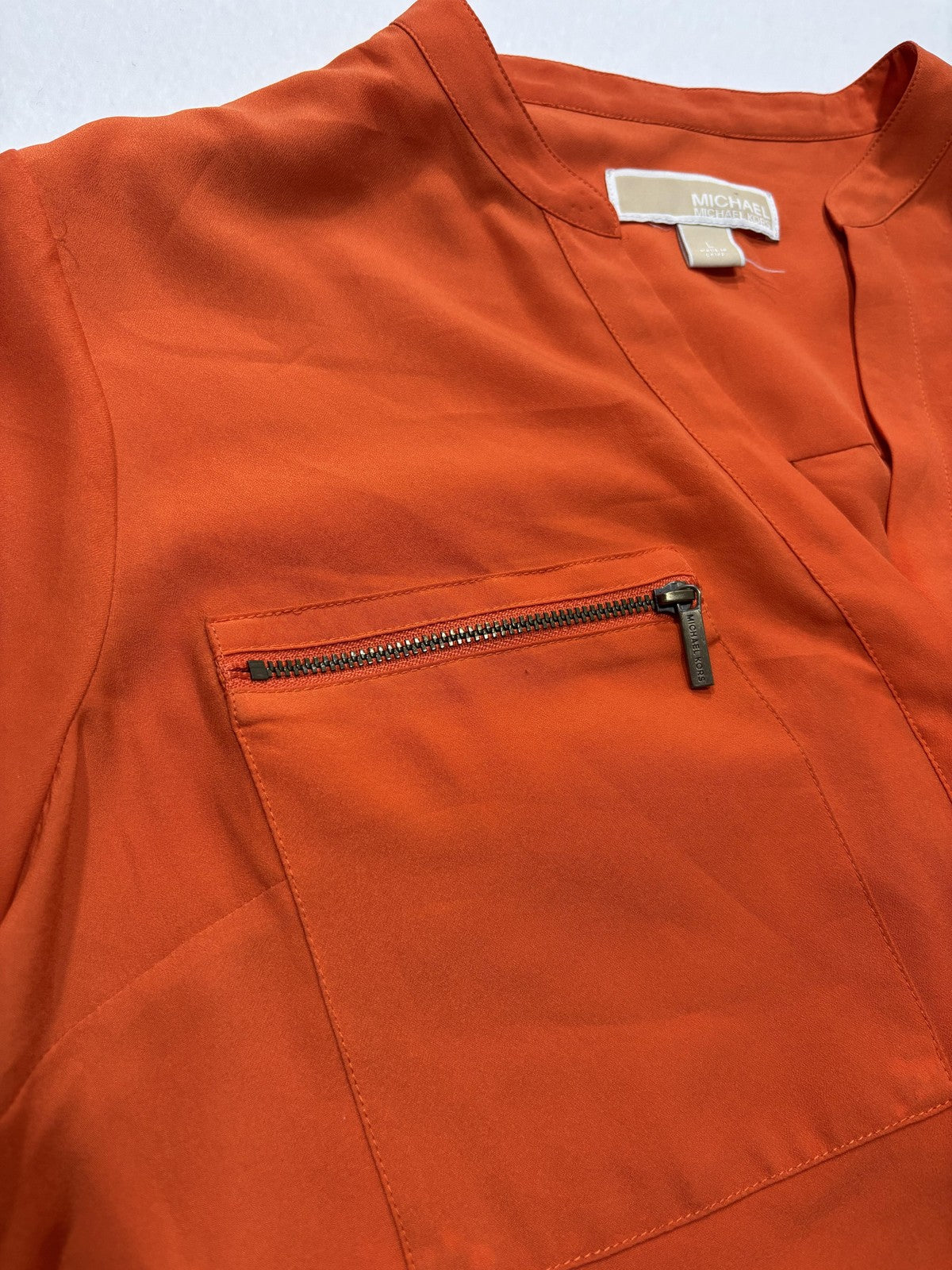 MICHAEL Michael Kors Blouse Womens Large Orange V Neck Zip Pocket Tunic Top