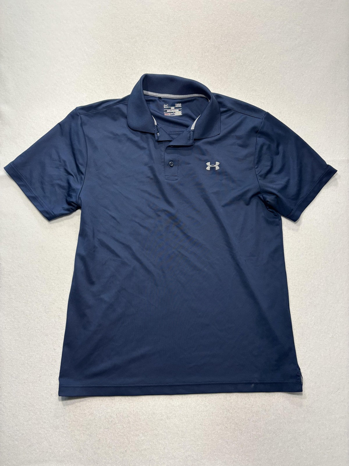 Under Armour HeatGear Polo Shirt Mens Large Blue Loose Fit Golf Logo Performance