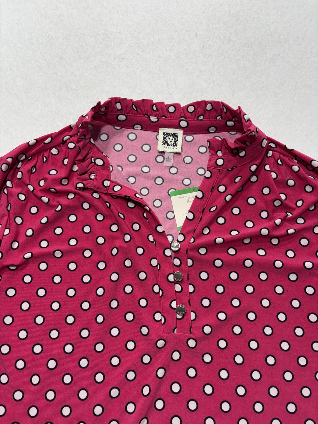 Anne Klein Blouse Womens Large Pink Polka Dot Henley Long Sleeve Jersey Top