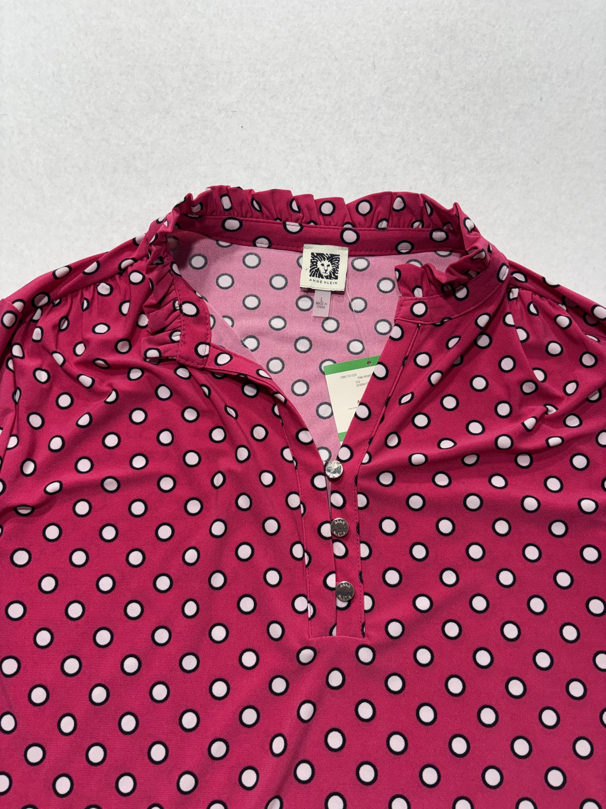 Anne Klein Blouse Womens Large Pink Polka Dot Henley Long Sleeve Jersey Top