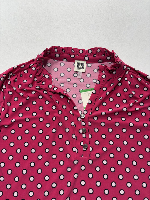 Anne Klein Blouse Womens Large Pink Polka Dot Henley Long Sleeve Jersey Top