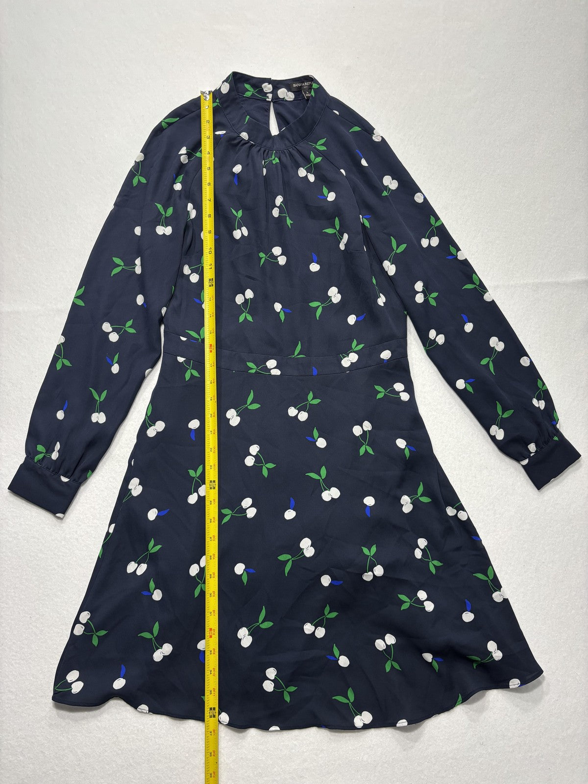 Banana Republic Dress Womens 6 Blue Cherry Print Mock Neck Long Sleeve Fit Flare