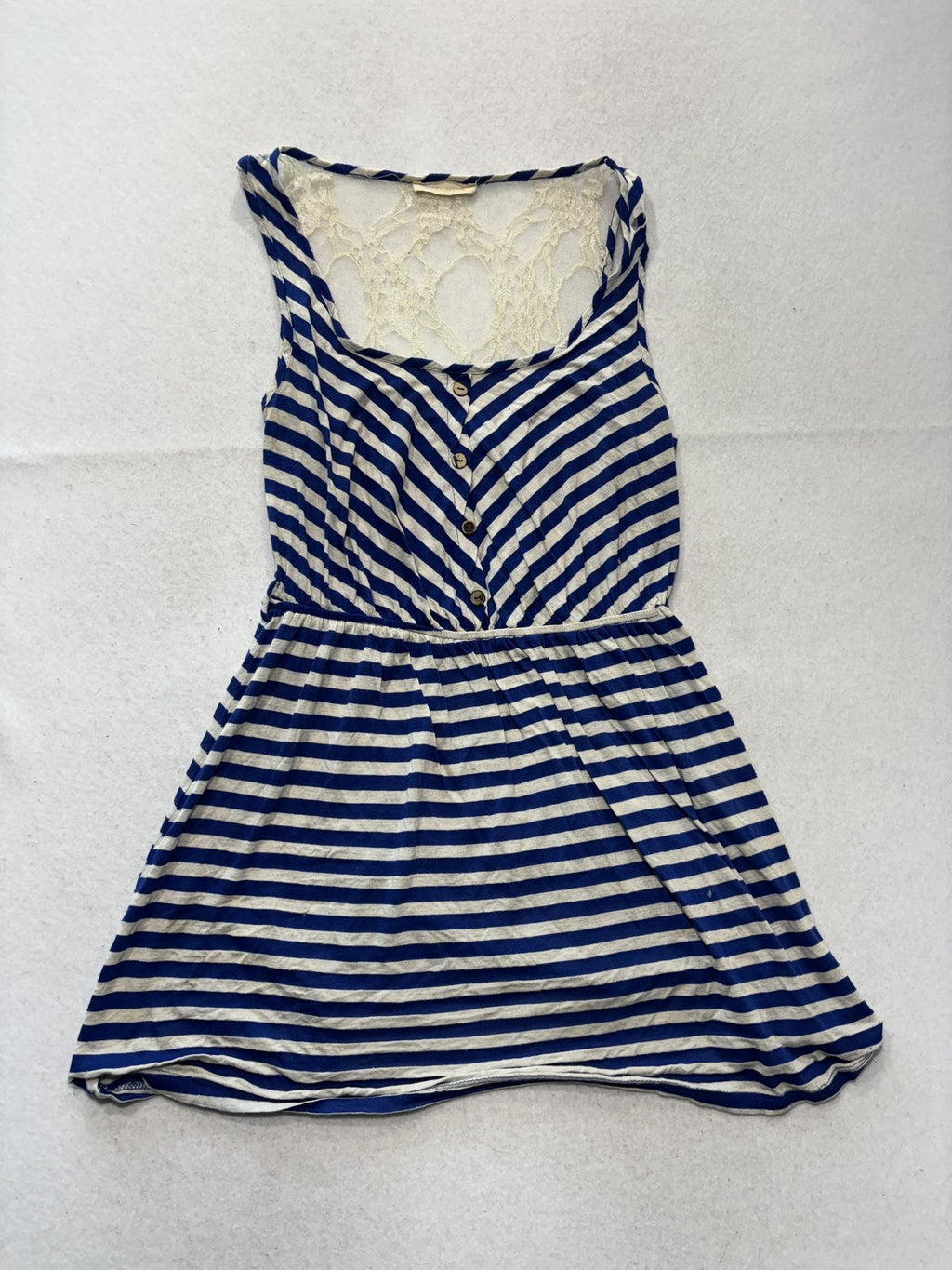Pearl Blue Stripe Scoop Neck Lace Back Button Fit Flare Sundress Womens Small