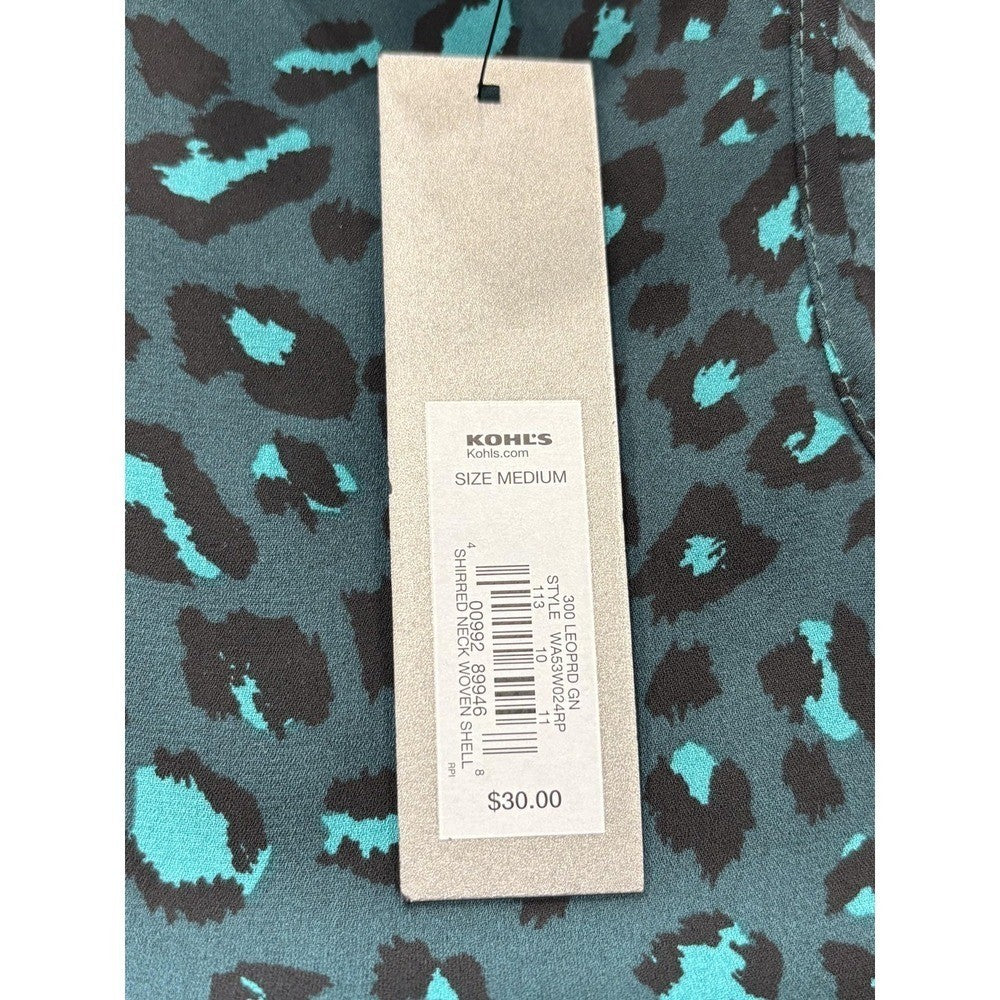 Apt. 9 Blouse Womens Medium Green Leopard Print Shirred Neck Sleeveless Top
