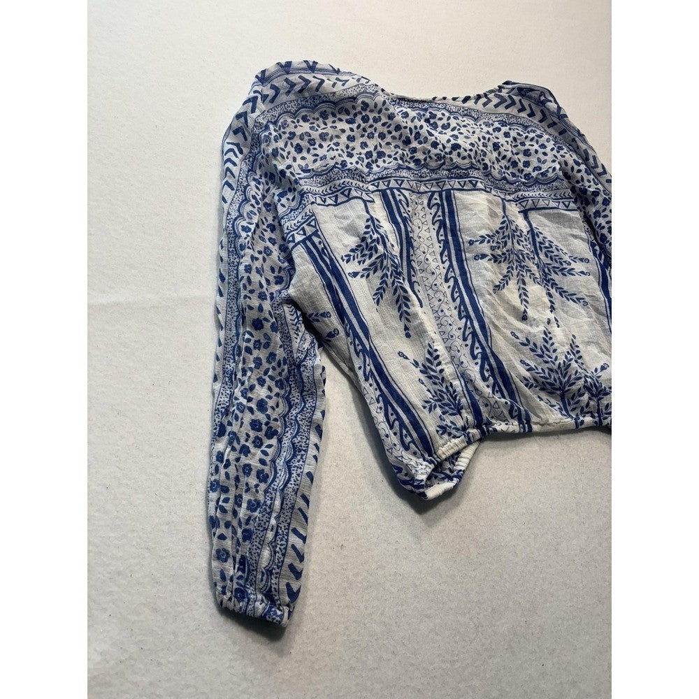 Free People Blouse Womens Medium Blue Long Sleeve Floral Tassel Crop Top Boho