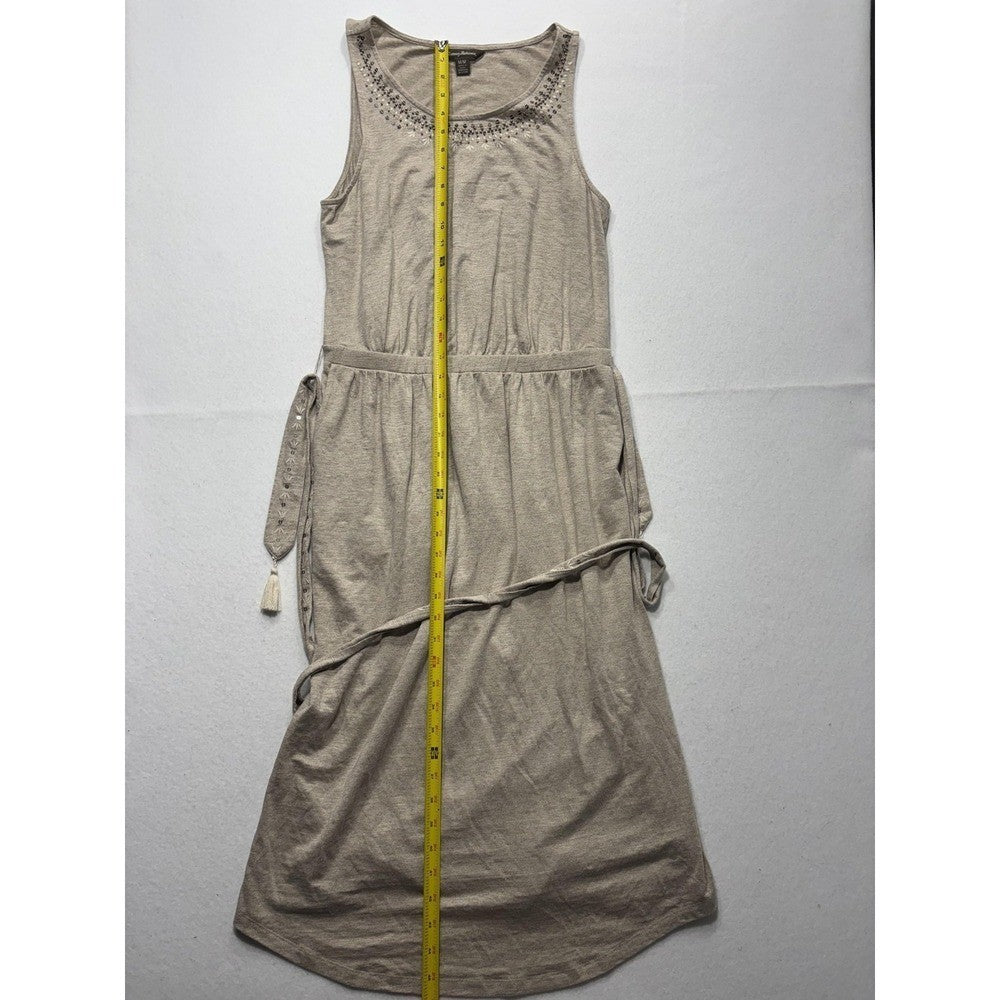 Tommy Bahama Dress Womens Medium Beige Beaded Scoop Neck Belted Hi Low Sundress