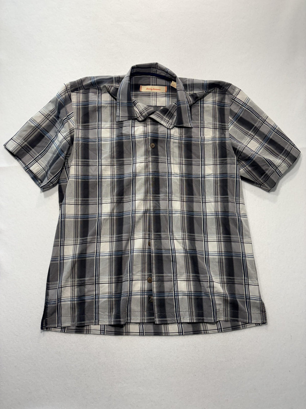 Tommy Bahama Shirt Mens Large Gray Plaid Silk Short Sleeve Button Up Casual