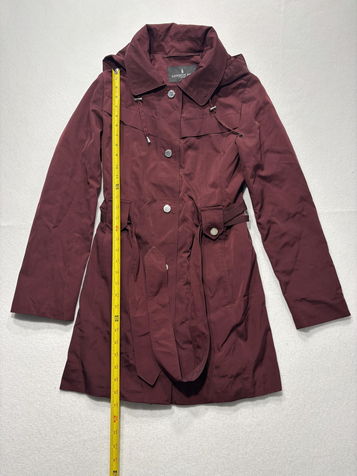 London Fog Trench Coat Womens S Red Belted Hooded Snap Front Mid Length