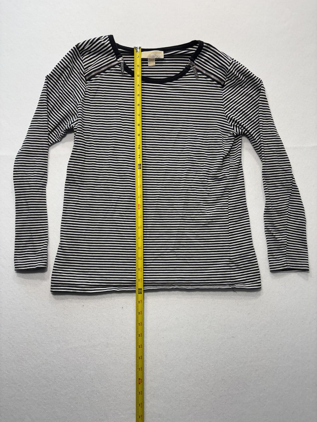 MICHAEL Michael Kors Shirt Womens Large Black Stripe Zip Shoulder Long Sleeve
